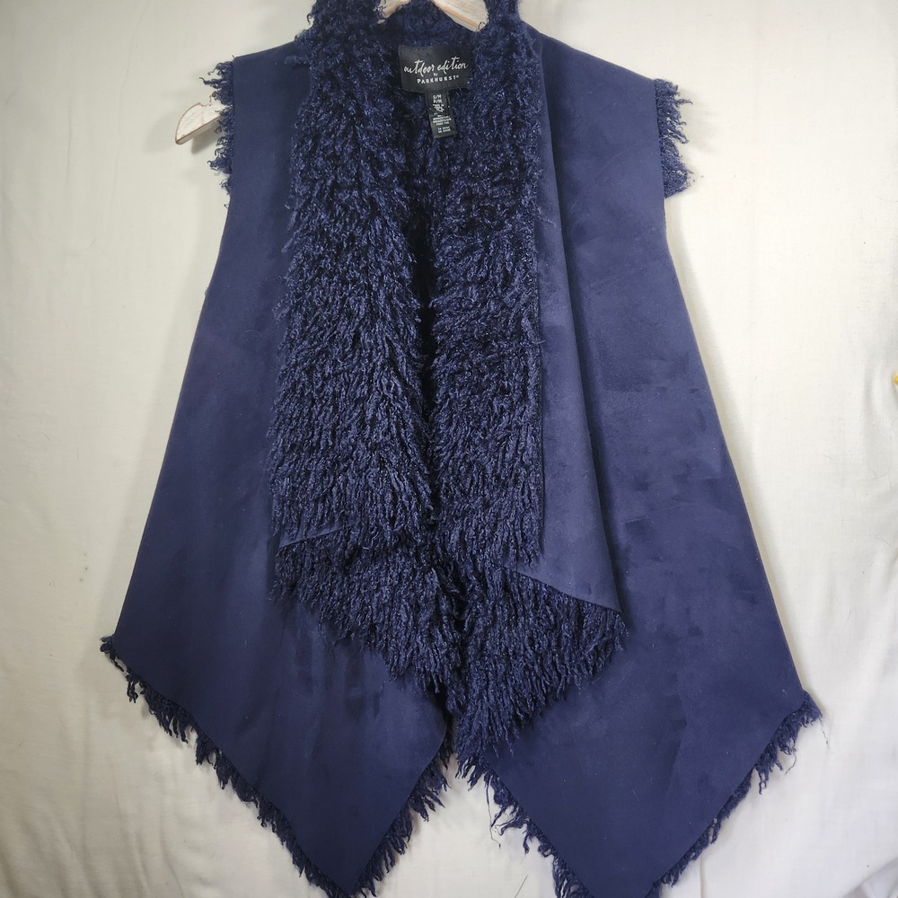 Parkhurst Outdoor Edition Navy Faux Suede Fur Vest S/M Fringed Handkerchief Hem